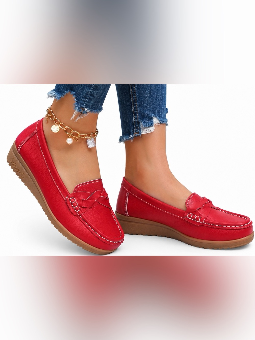 Solsagn G Red Leather Moccasin Loafers Weave Wedge Slip On Loafer Shoe 7.5 NWOT